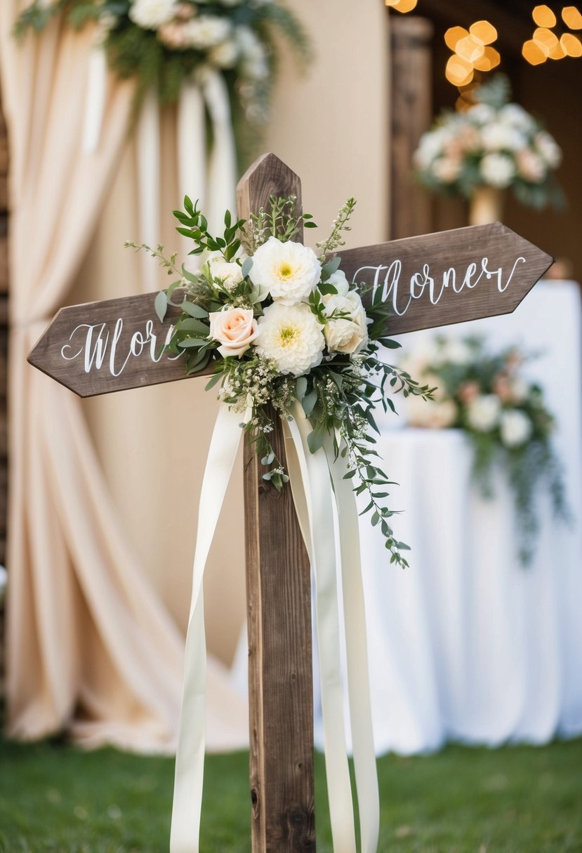 A wooden signpost adorned with flowers and ribbons, set against a backdrop of rustic wedding decor