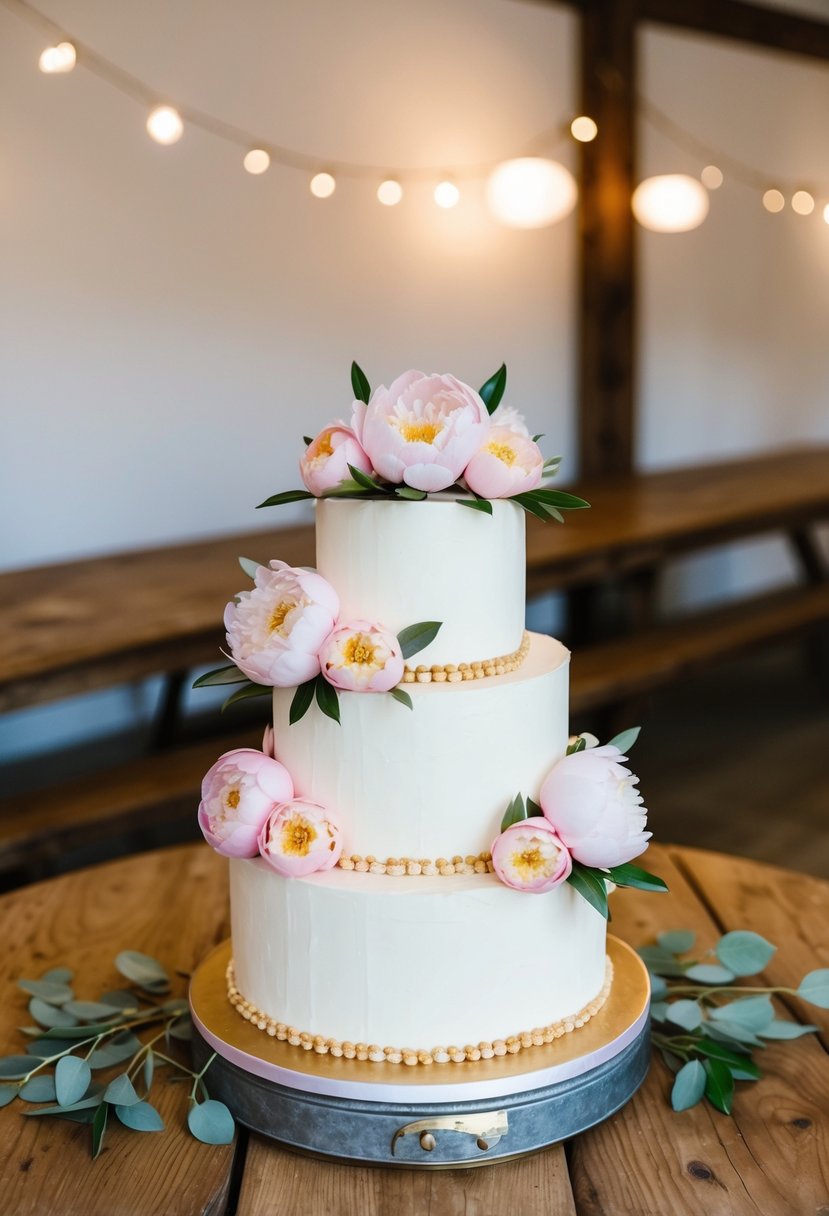 A three-tiered wedding cake adorned with pastel peonies sits atop a wooden table in a rustic setting