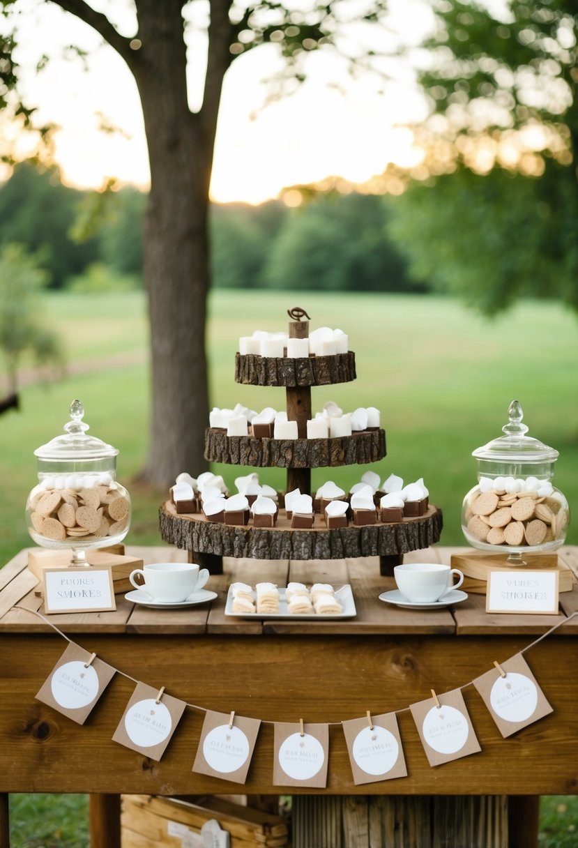 A cozy, outdoor wedding shower with a rustic s'mores bar and favor tags displayed on a wooden table