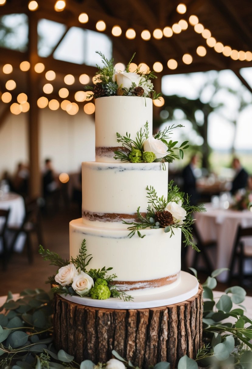 A three-tiered wedding cake adorned with whimsical greenery and rustic elements