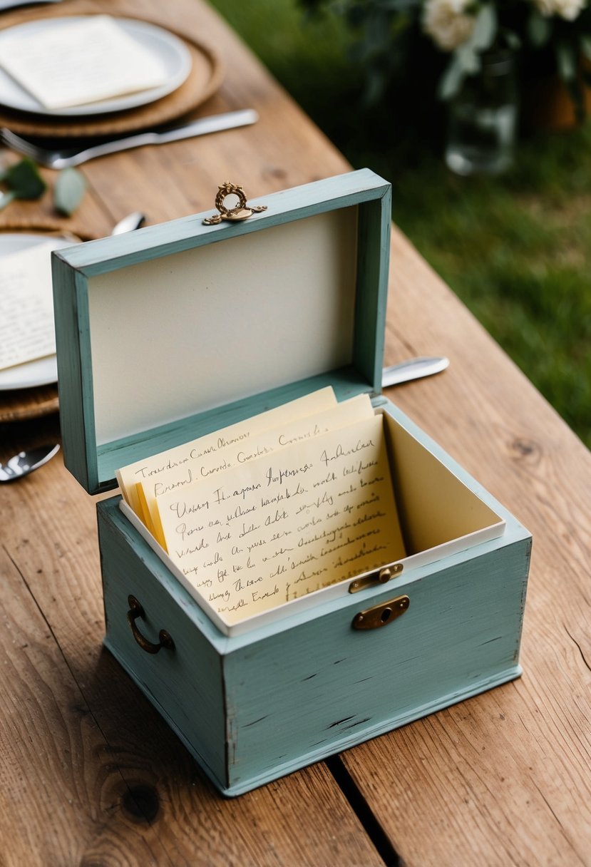 A weathered recipe box sits open on a wooden table, filled with handwritten notes from guests at a rustic wedding shower