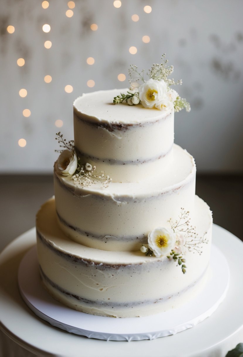 A simple, rough iced wedding cake adorned with delicate floral touches, evoking a rustic and charming aesthetic