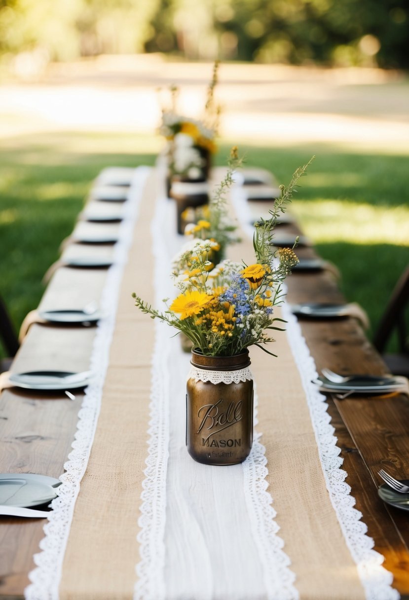 A wooden table adorned with burlap and lace runners, set with mason jar centerpieces and wildflower bouquets