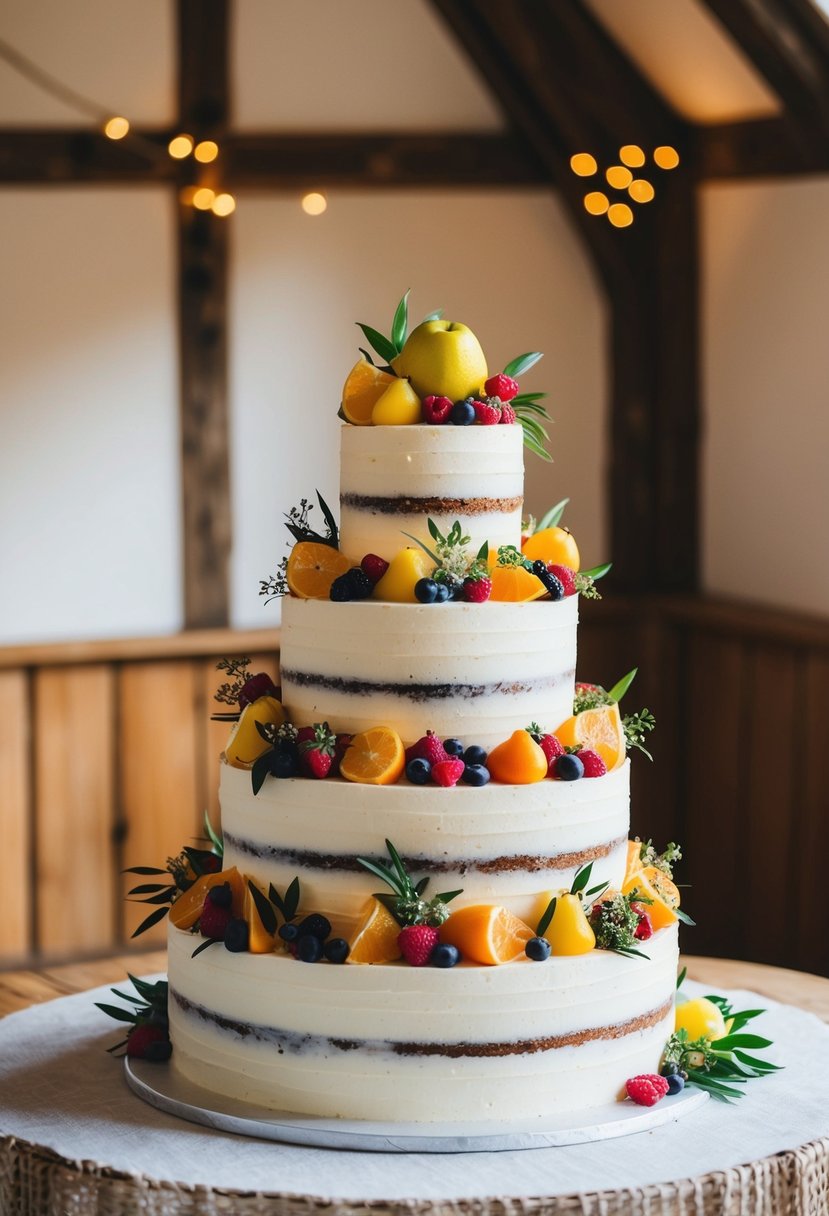 A three-tiered wedding cake adorned with fresh seasonal fruits, nestled on a wooden table in a charming rustic setting