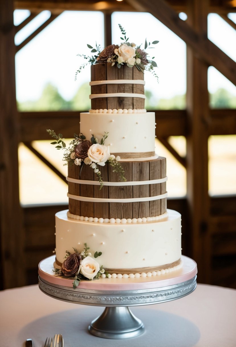 An elegant barn-inspired wedding cake adorned with rustic details and floral accents, set against a backdrop of wooden beams and soft lighting