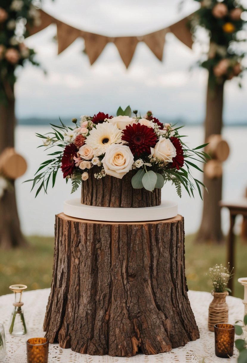 A tree stump cake stand adorned with flowers and surrounded by rustic wedding decor