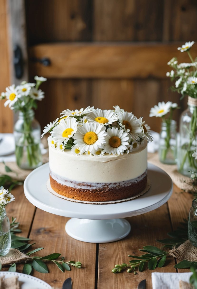 A country-style cake adorned with fresh daisies sits on a wooden table, surrounded by rustic wedding decor