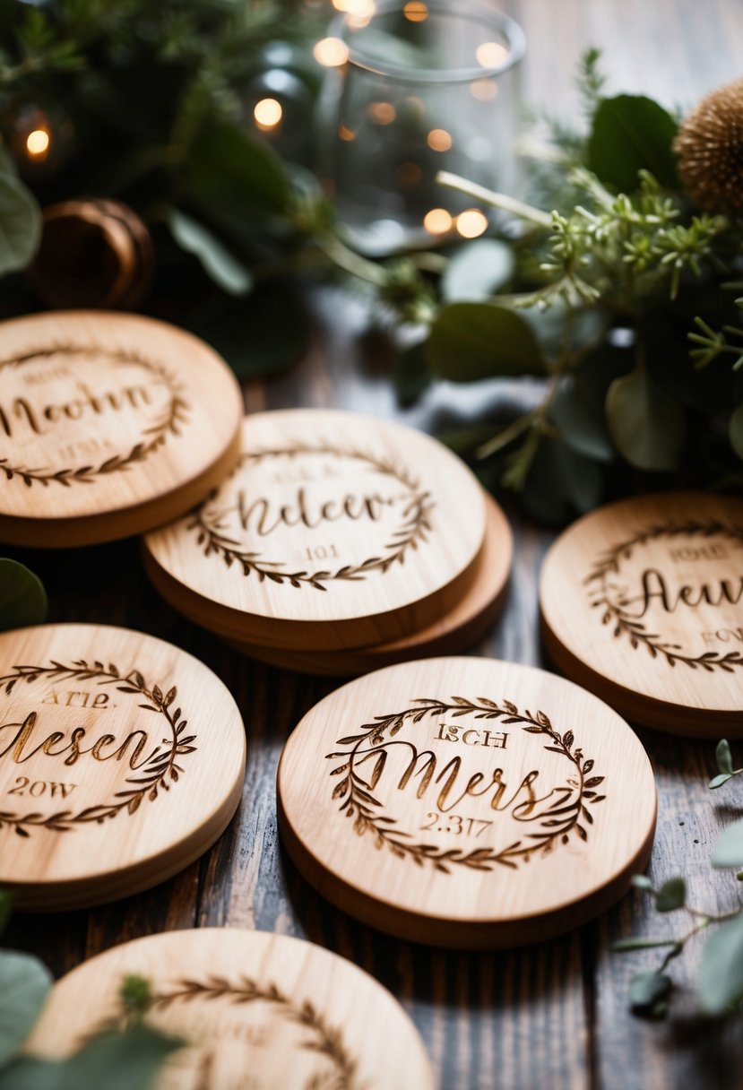 Wooden coasters with personalized engravings, surrounded by rustic wedding decor and greenery