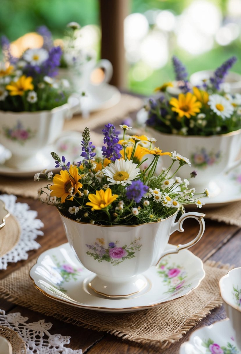 Antique teacups filled with wildflowers, nestled among burlap and lace, adorn wooden tables at a rustic wedding shower