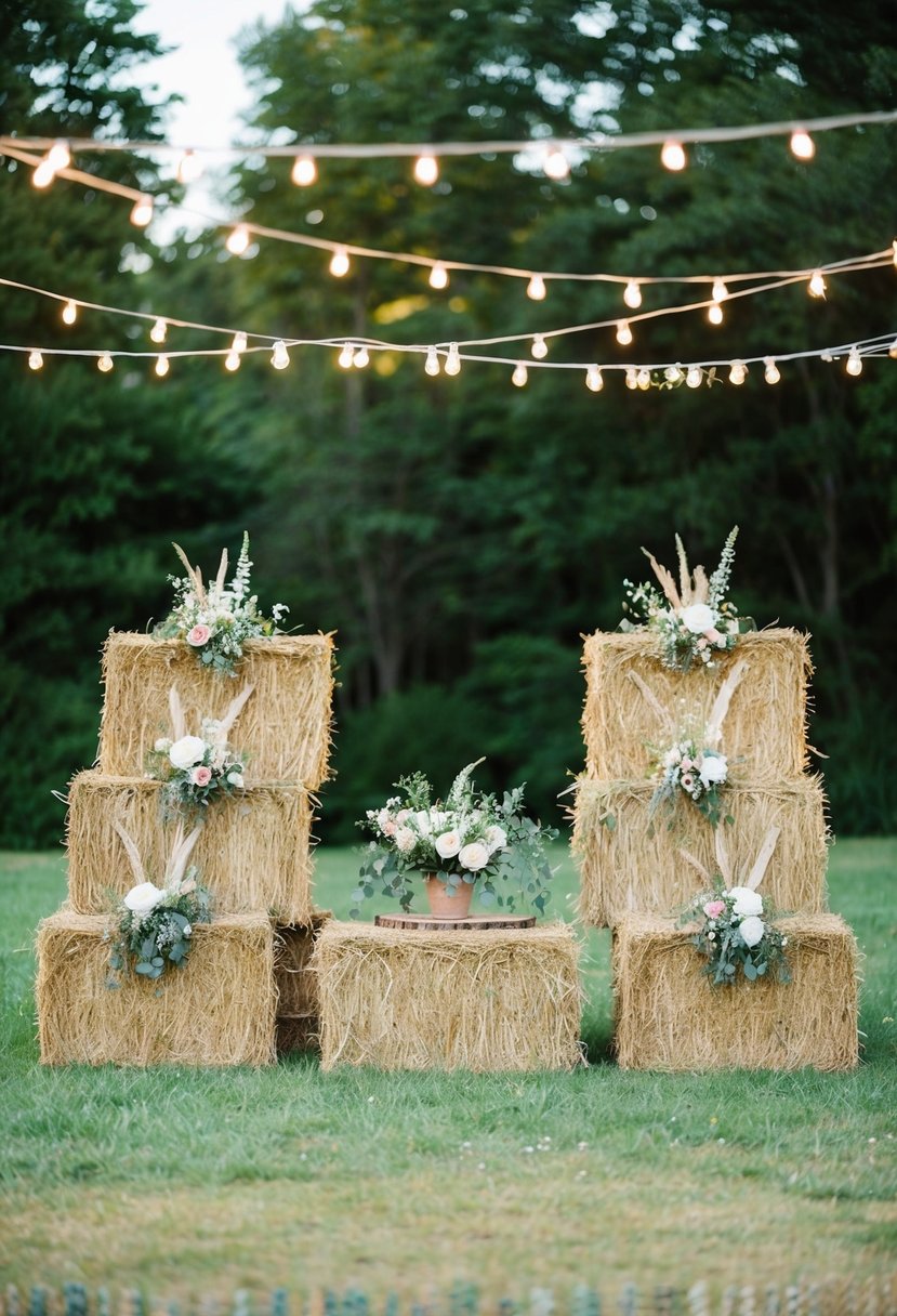 Rustic wedding shower: Hay bales arranged in a cozy seating area, adorned with wildflowers and twinkling string lights