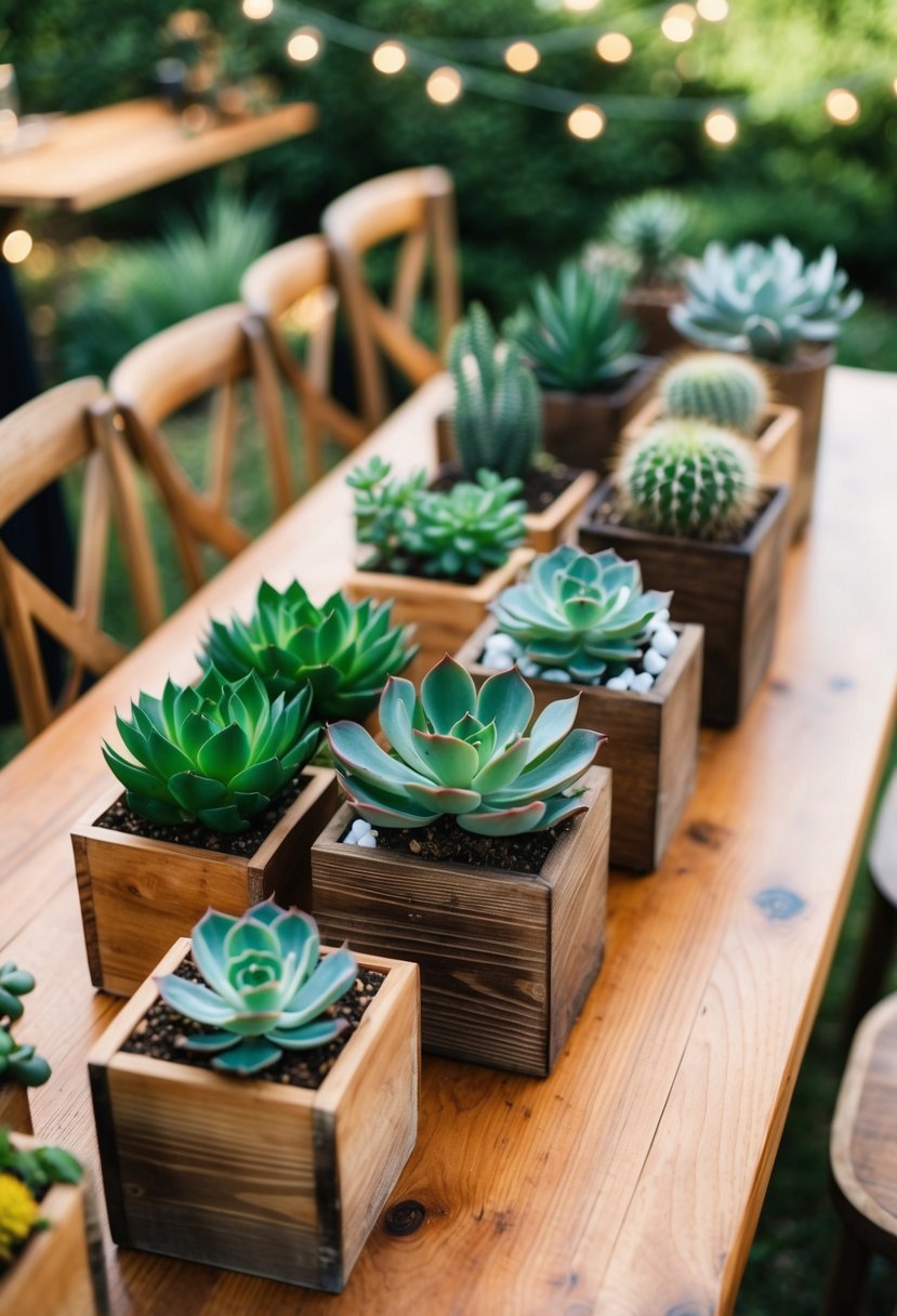 A wooden table adorned with various succulent planters, creating a rustic and charming display for a wedding shower celebration