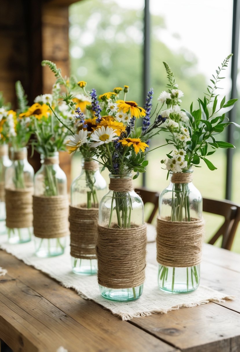 Glass vases wrapped in twine, filled with wildflowers, set on a wooden table for a rustic wedding shower