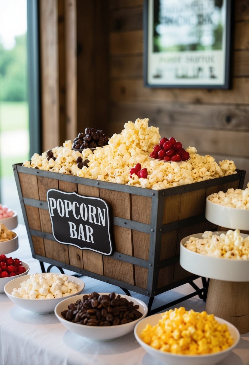 A rustic popcorn bar with assorted toppings for a wedding shower