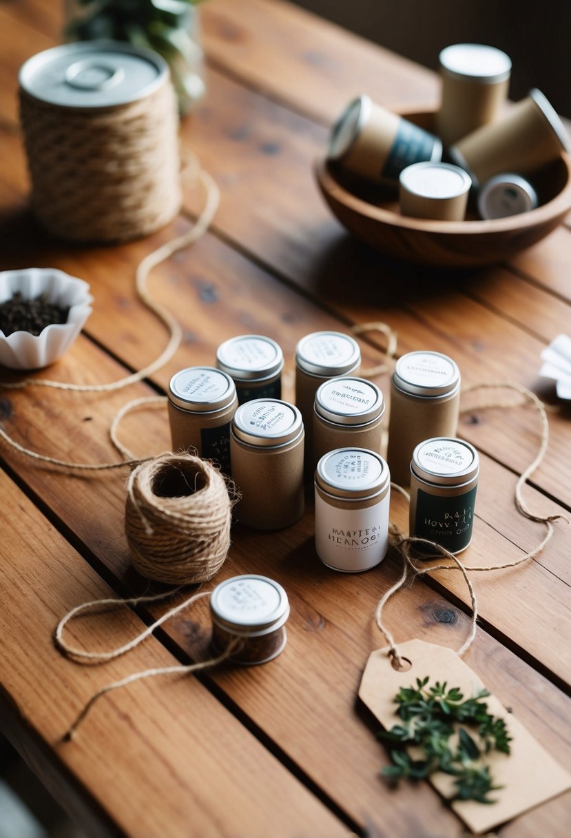 A wooden table with assorted tea tubes, twine, and rustic decor for wedding shower favors