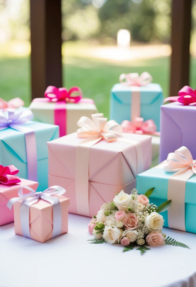 A table with pastel wrapping paper, ribbons, and floral decorations for wedding shower gifts