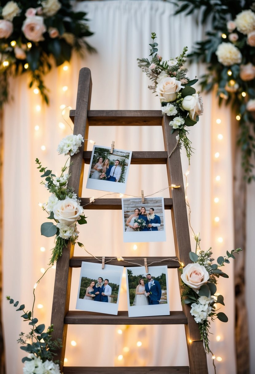 A wooden ladder adorned with photos, flowers, and twinkling lights, set against a backdrop of a rustic wedding shower