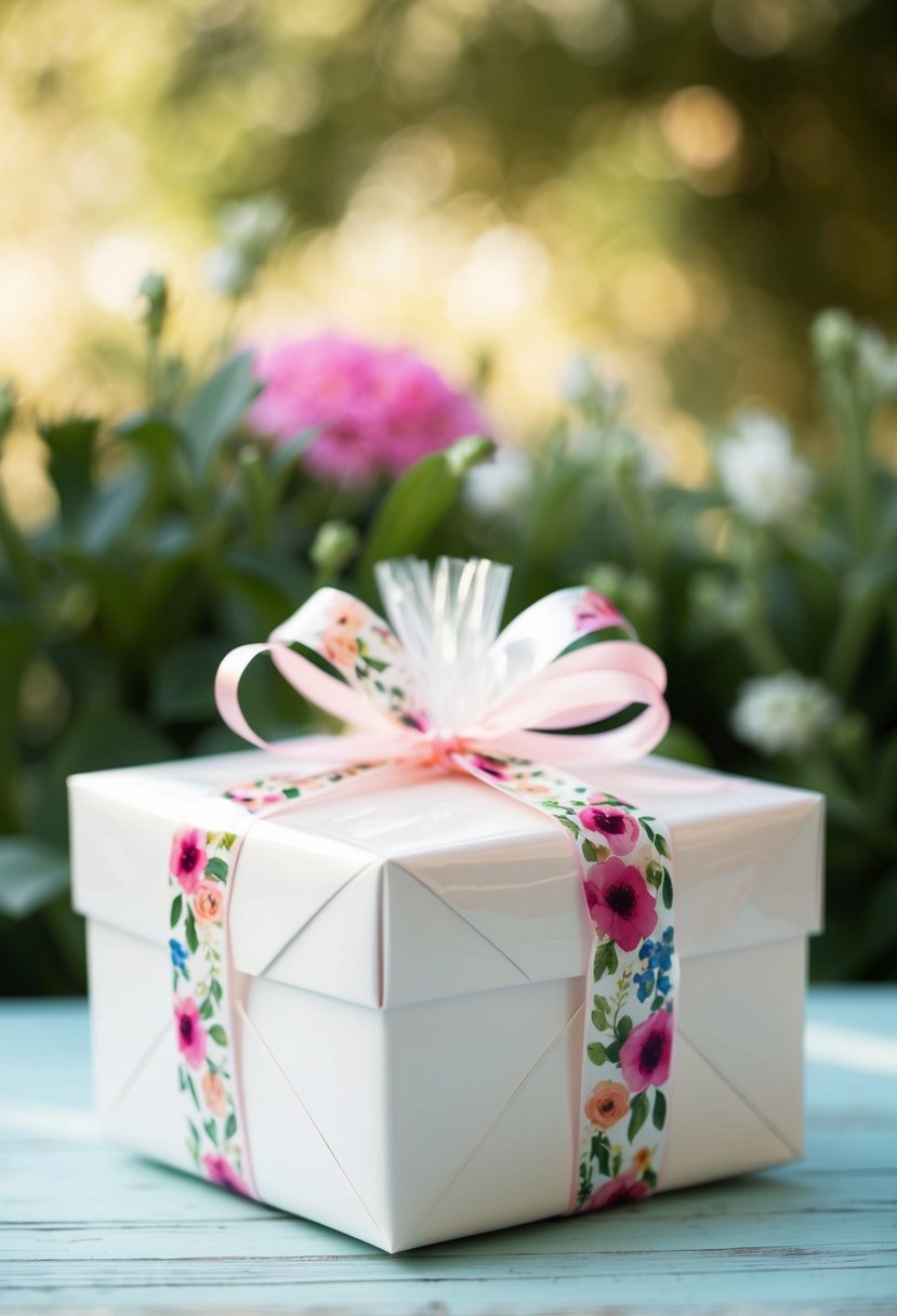 A cellophane-wrapped gift box adorned with floral ribbons for a wedding shower