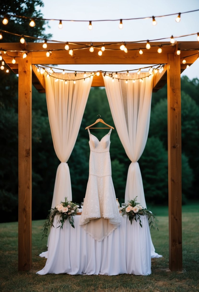 A rustic wedding shower with a canopy of string lights above a cozy outdoor setting