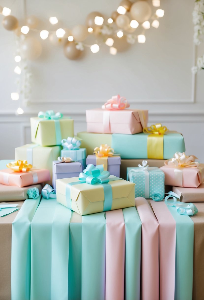 A table covered in pastel-colored wrapping paper and ribbons, with a pile of wedding shower gifts ready to be wrapped