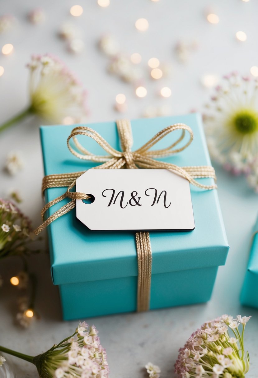 A gift box adorned with a personalized tag featuring the couple's initials, surrounded by delicate floral decorations