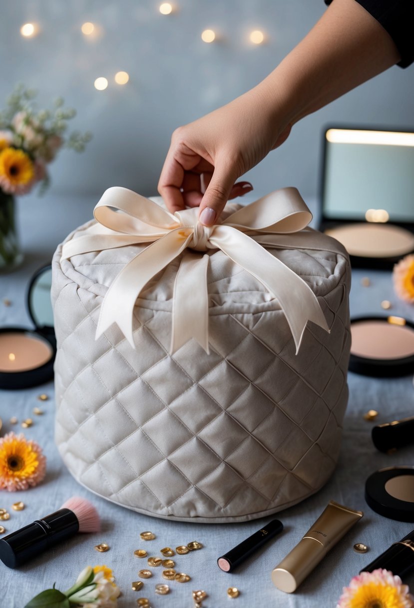 A makeup bag is being wrapped in a quilted fabric, adorned with ribbons and a bow, surrounded by scattered makeup products and floral decorations