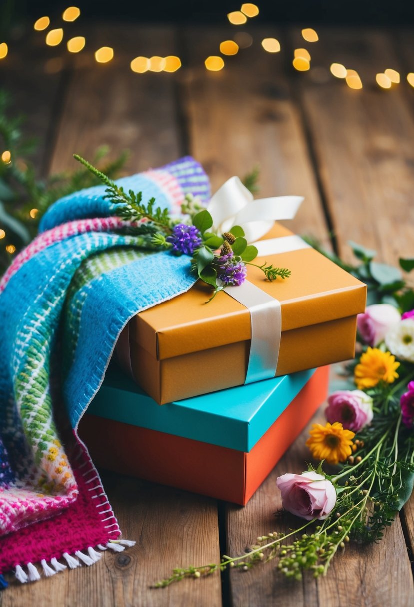 A colorful blanket drapes over a gift box, tied with a ribbon and adorned with flowers and greenery