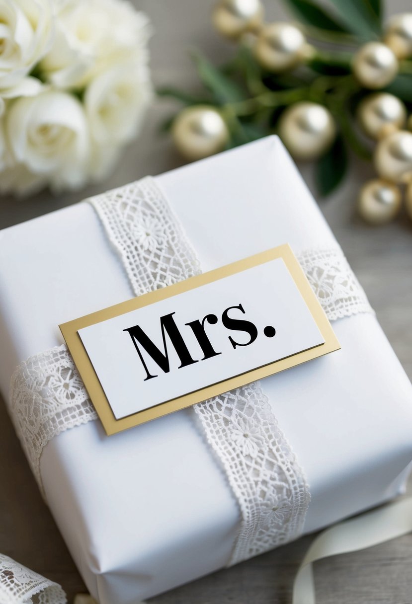 A gift wrapped in white paper with a 'Mrs.' sign and adorned with delicate lace and ribbon