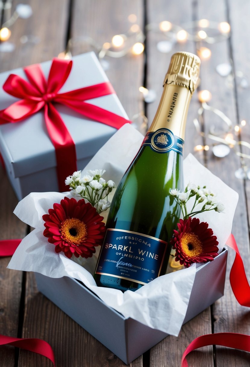 A small bottle of sparkling wine nestled in tissue paper, surrounded by ribbons and flowers in a gift box