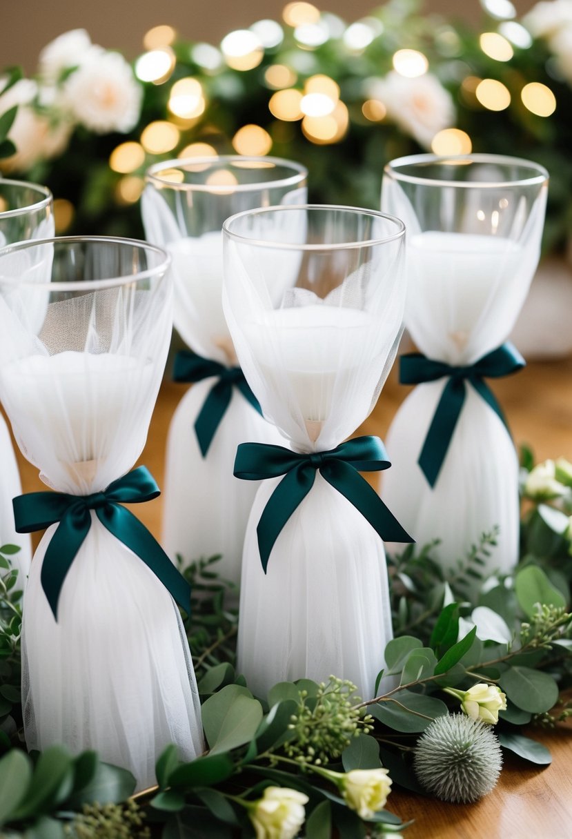 Wine glasses wrapped in tulle, tied with ribbon, arranged with greenery and flowers for a wedding shower gift