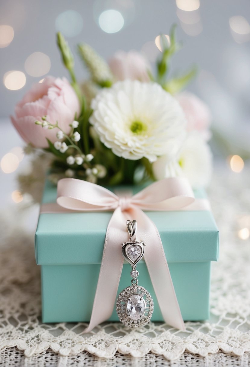 A delicate bridal charm dangles from a pastel ribbon, nestled among lace and flowers on a gift box