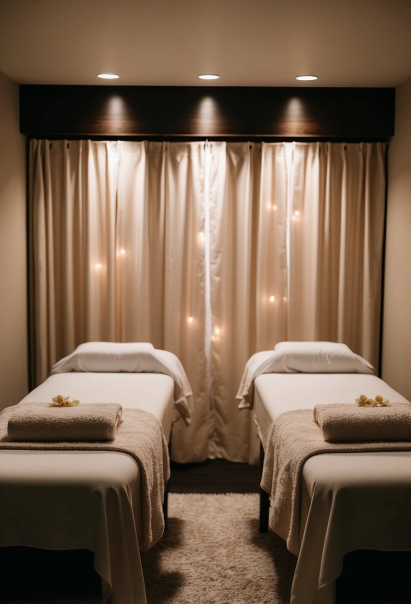 A cozy, dimly lit room with two massage tables adorned with fluffy towels and soft lighting, creating a serene and romantic atmosphere for a couples massage