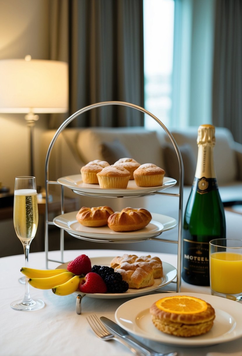 A breakfast tray with champagne, pastries, and fruit arranged on a table in a softly lit hotel room