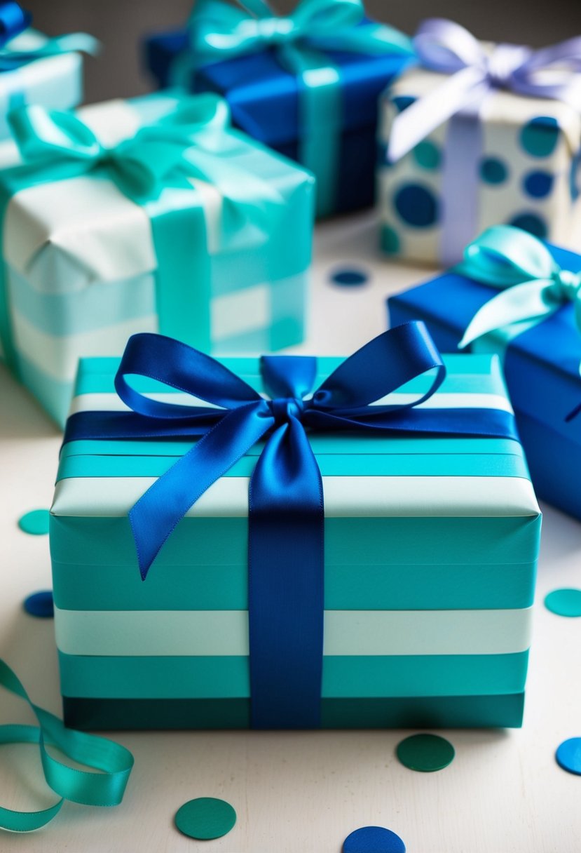 Vibrant blues and teals layered in varying shades create a stunning wedding shower gift wrap design