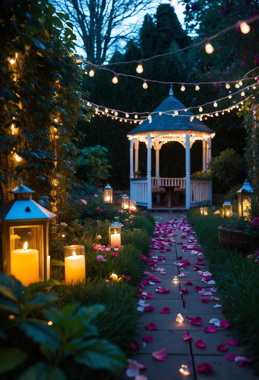 A dimly lit garden with twinkling fairy lights, scattered rose petals, and hidden clues leading to a secluded, candlelit gazebo