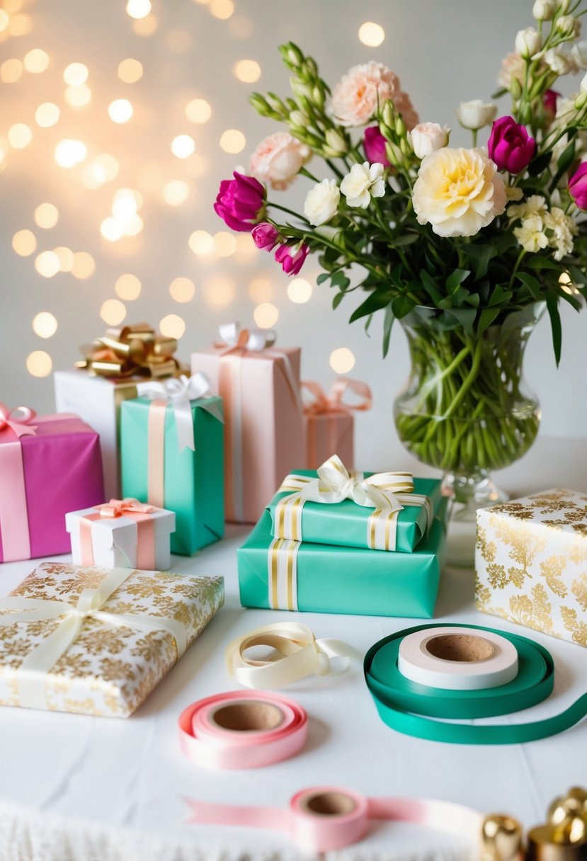 A table adorned with elegant gift wrapping supplies: ribbons, flowers, and wedding-themed paper