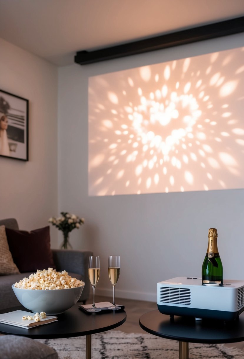 A cozy living room with a projector casting a romantic movie onto a white wall. A bowl of popcorn and a bottle of champagne sit on the coffee table