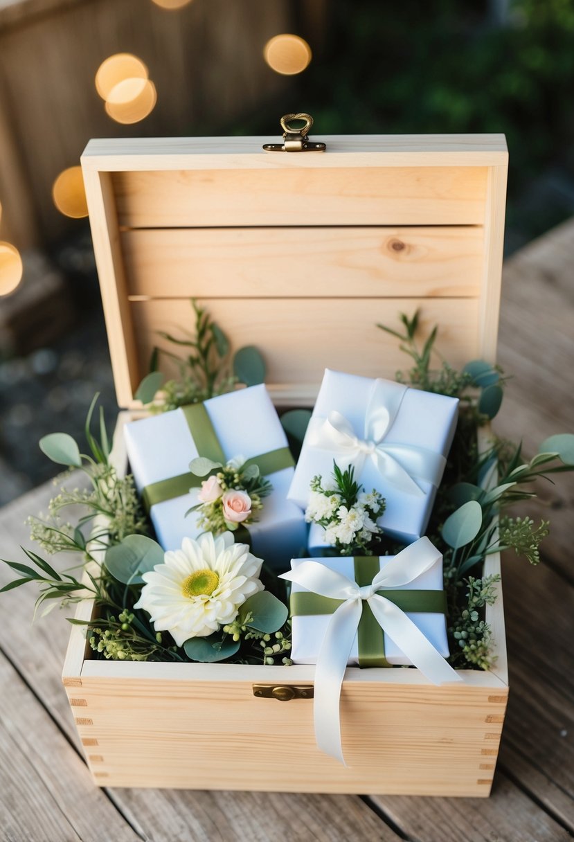 A wooden gift box sits open, filled with wedding shower gifts. Ribbons, flowers, and greenery adorn the box, creating a beautiful and eco-friendly presentation