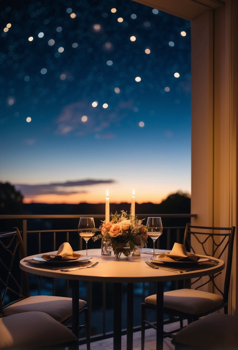 A candlelit dinner table with two wine glasses, a bouquet of flowers, and a view of the stars from a balcony