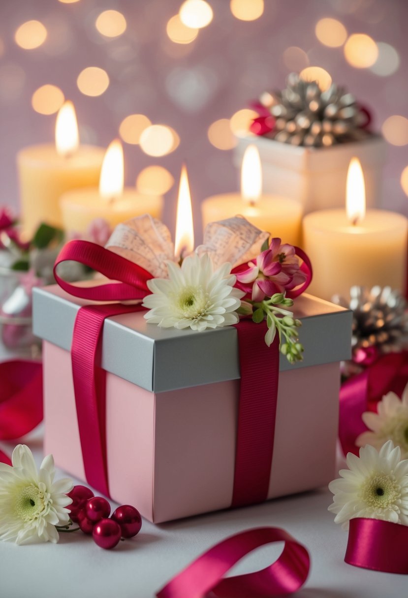 A gift box with scented candles, ribbons, and floral accents