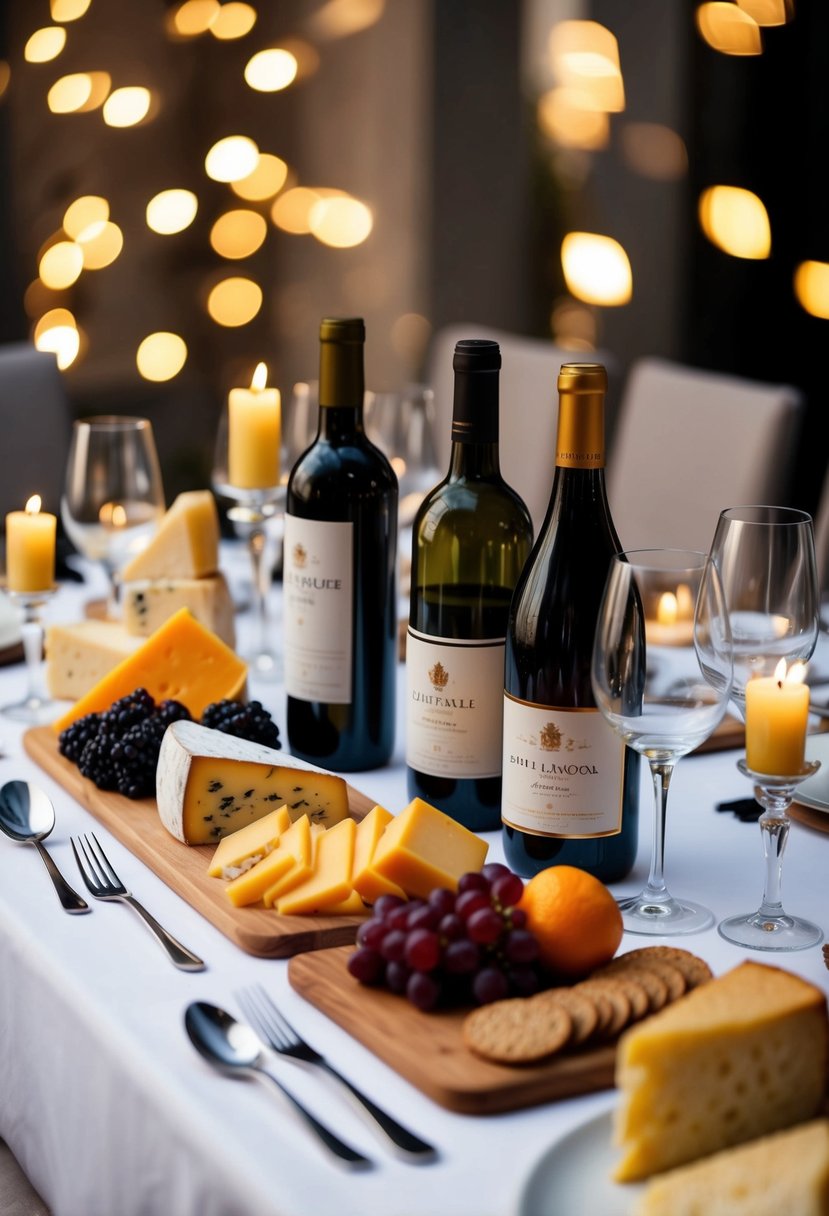 A table set with an assortment of cheeses, fruits, and a variety of wine bottles, accompanied by elegant glasses and candles