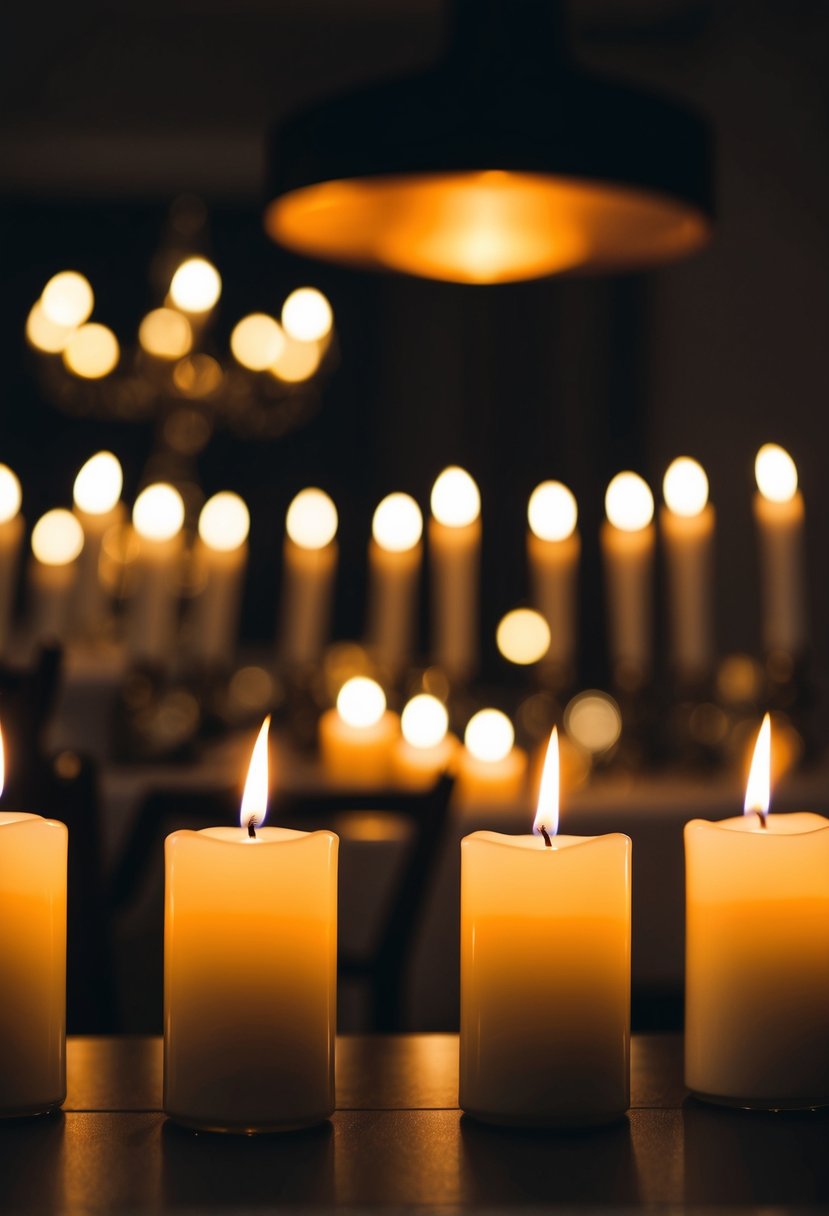 Candles flicker in a dimly lit room as soft music fills the air, creating a romantic ambiance for a wedding night