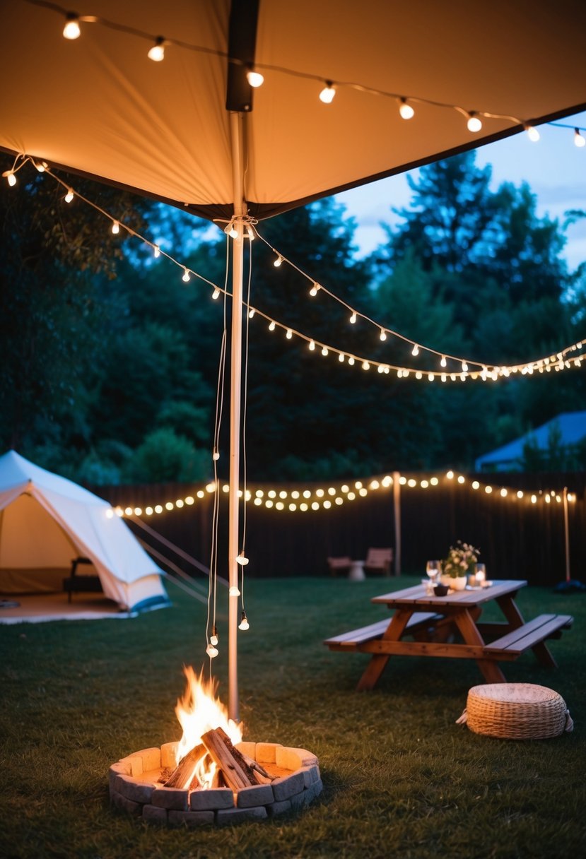 A cozy backyard setup with a tent, string lights, a bonfire, and a picnic area for a romantic camping wedding night