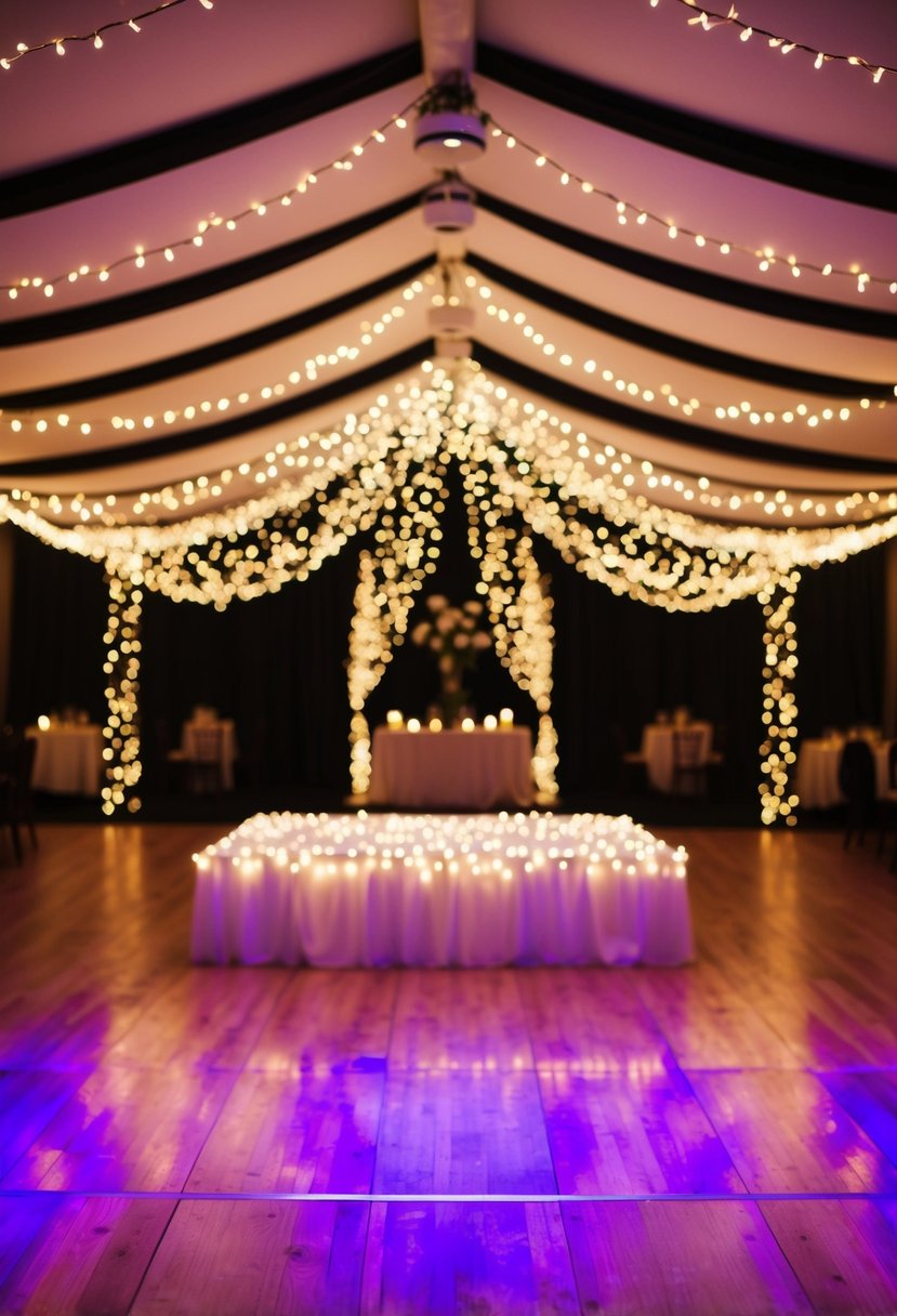 A dimly lit room with a glowing dance floor surrounded by twinkling fairy lights and a romantic ambiance