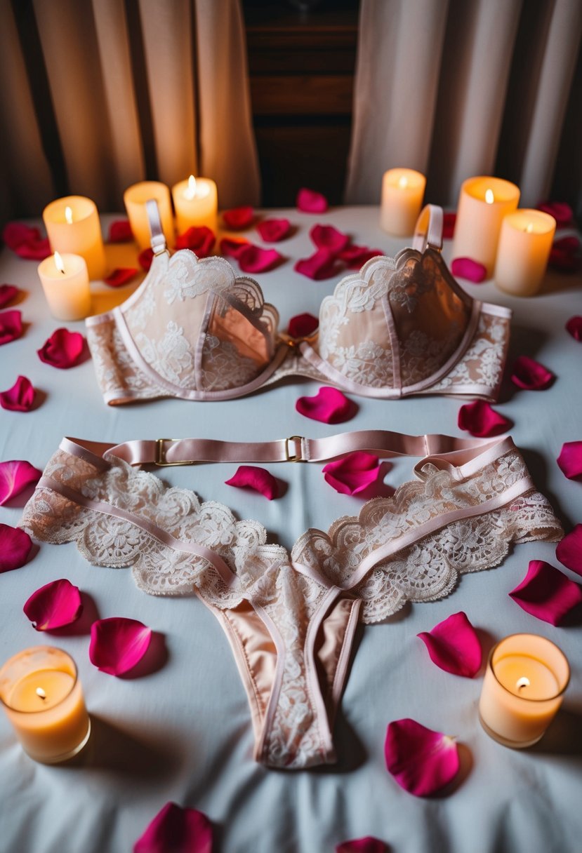 A lace lingerie set laid out on a luxurious bed, surrounded by rose petals and soft candlelight