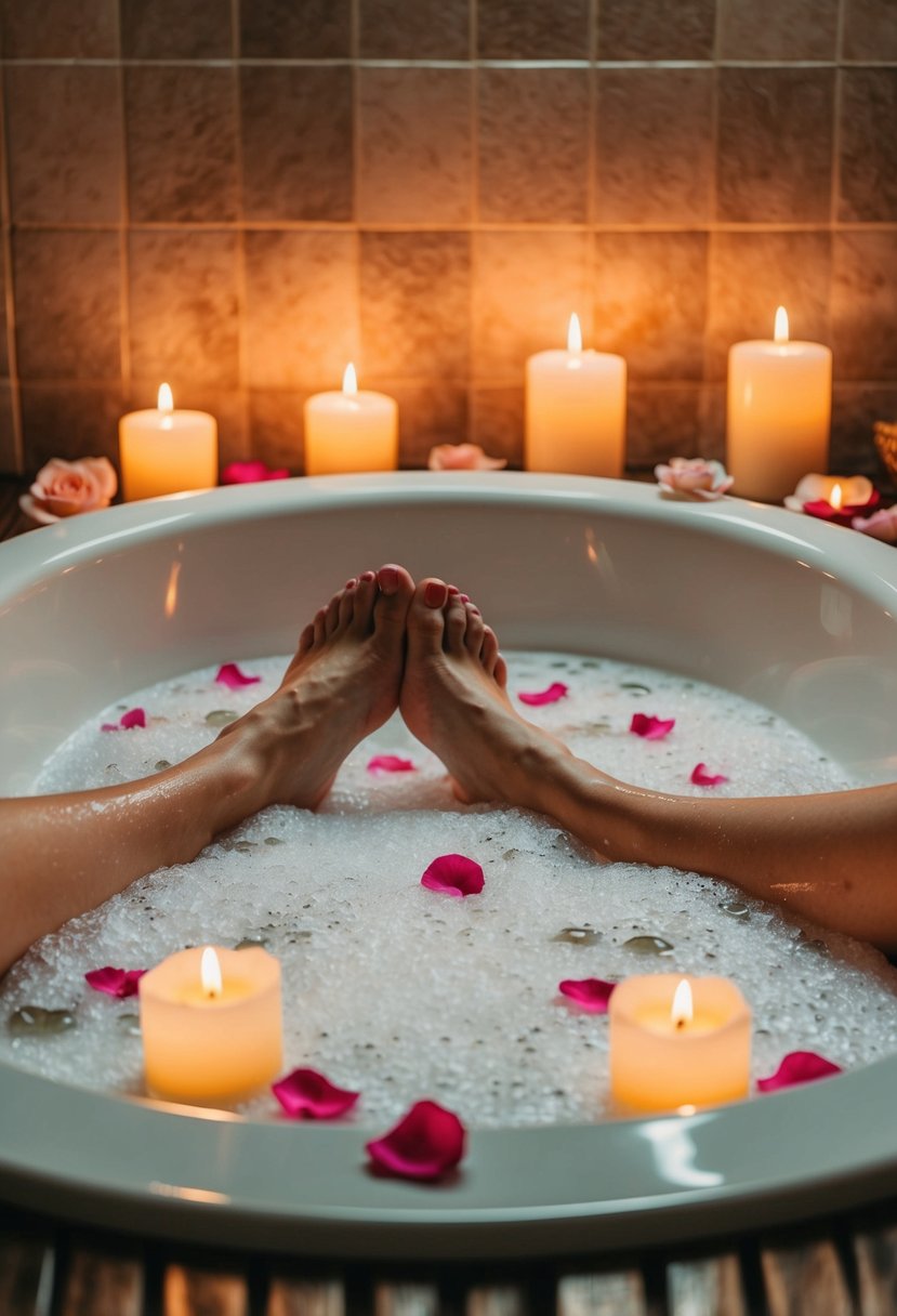 A couple's feet soak in a luxurious bubble bath, surrounded by flickering candles and scattered rose petals