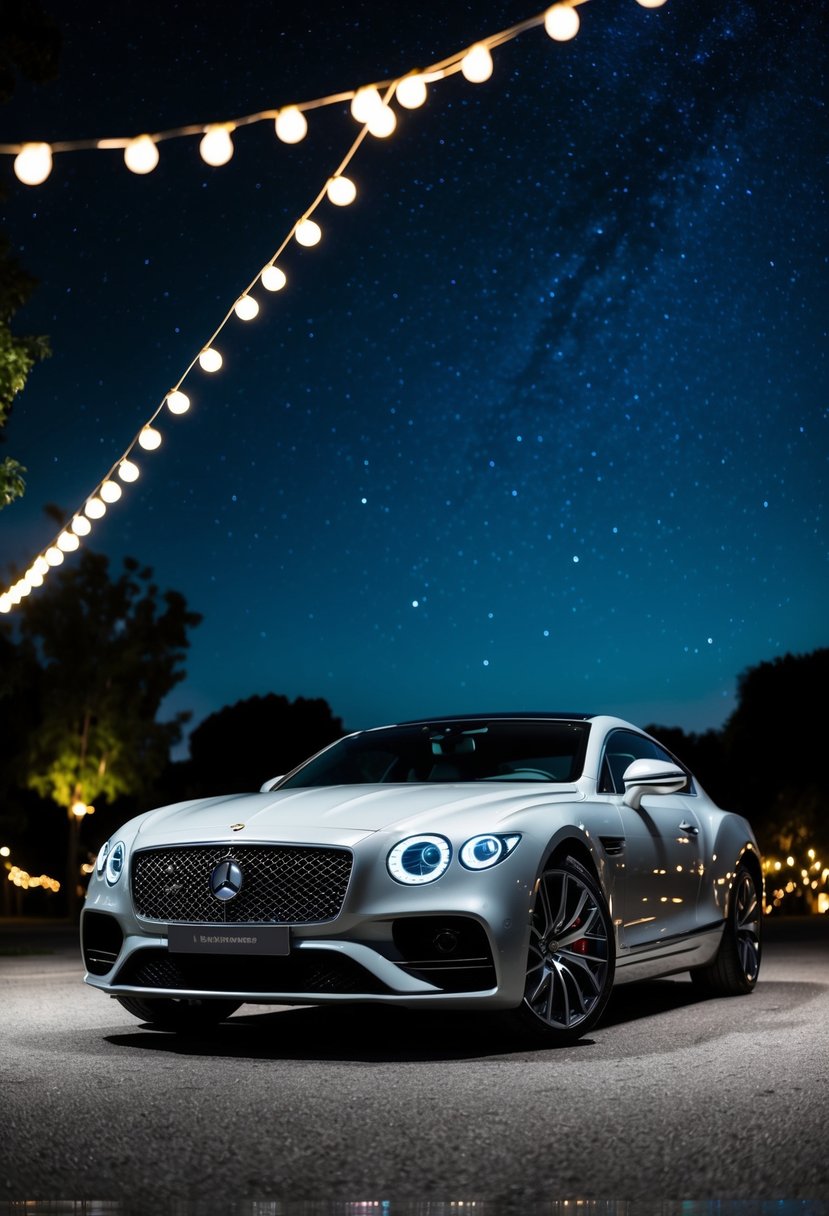 A sleek luxury car parked under a starry night sky, surrounded by twinkling lights and a romantic atmosphere