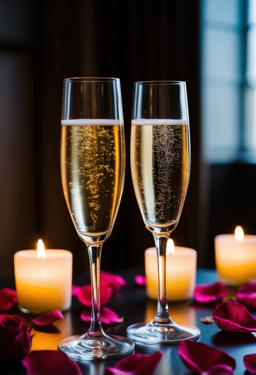 A dimly lit room with two champagne flutes clinking together, surrounded by rose petals and candles