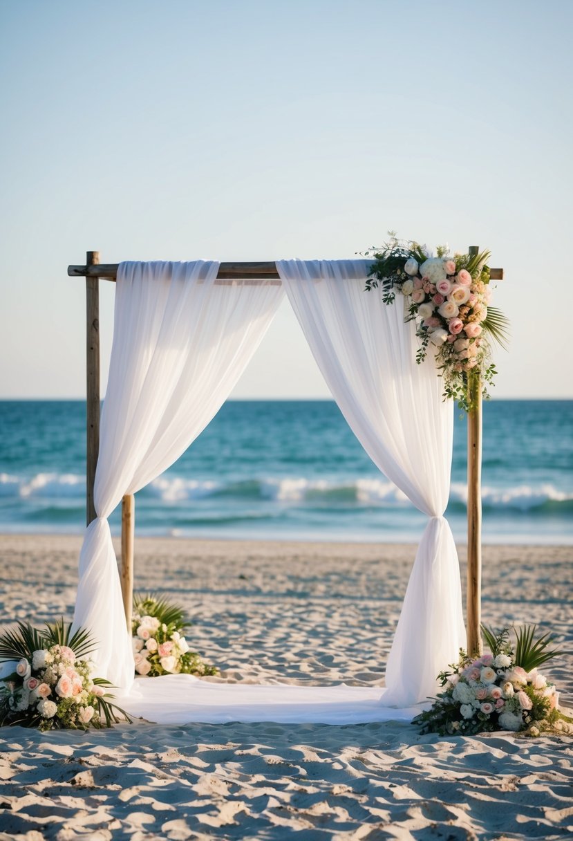 A beach wedding scene with a white canopy, flowing fabric, and flowers scattered on the sand, with the ocean in the background