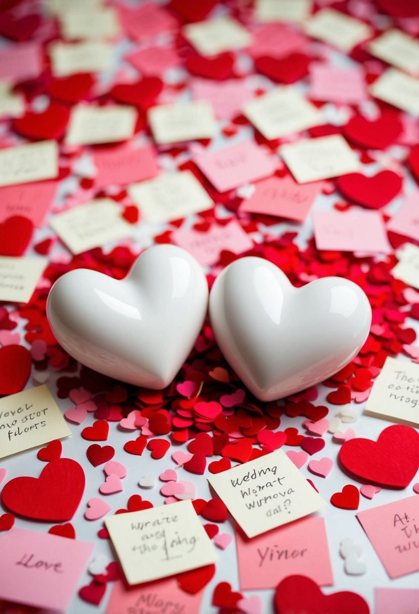 Two hearts surrounded by a flurry of love notes and wedding night ideas