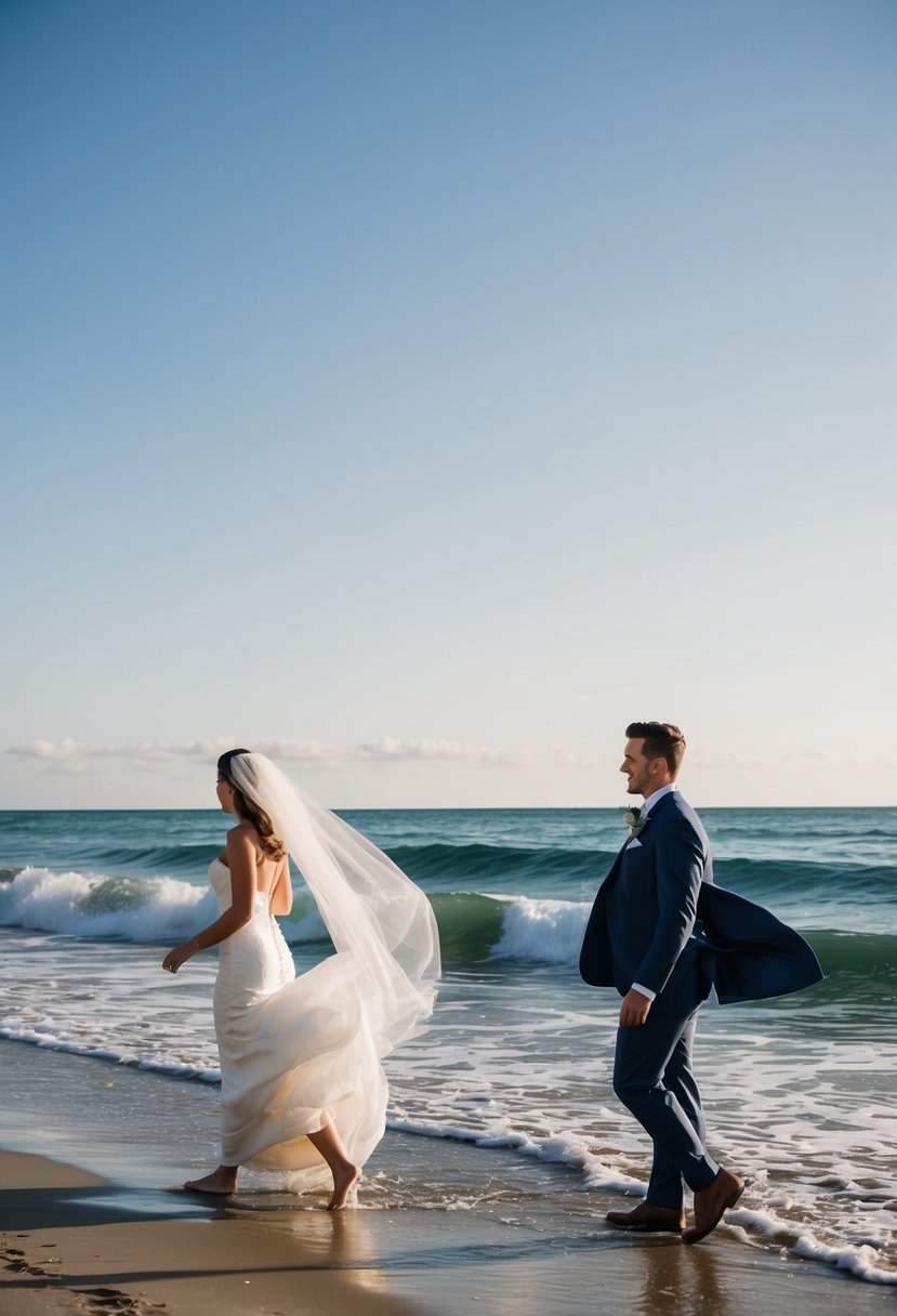 A beach with waves lapping at the shore, a bride's veil blowing in the breeze, and a groom's suit jacket flapping in the wind